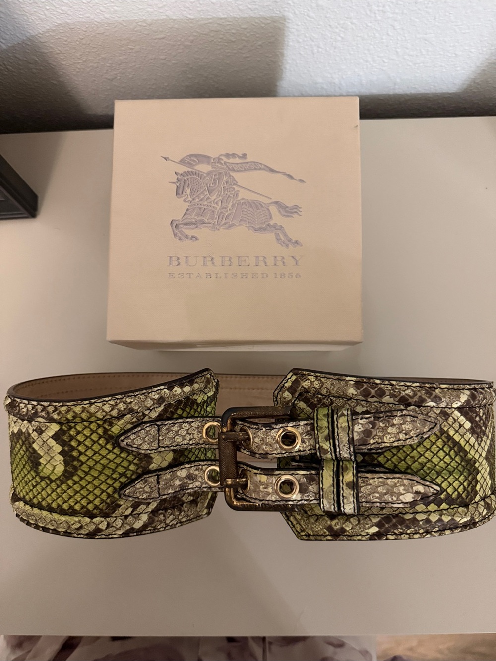 Burberry Green Snakeskin-Print Leather Waist Belt